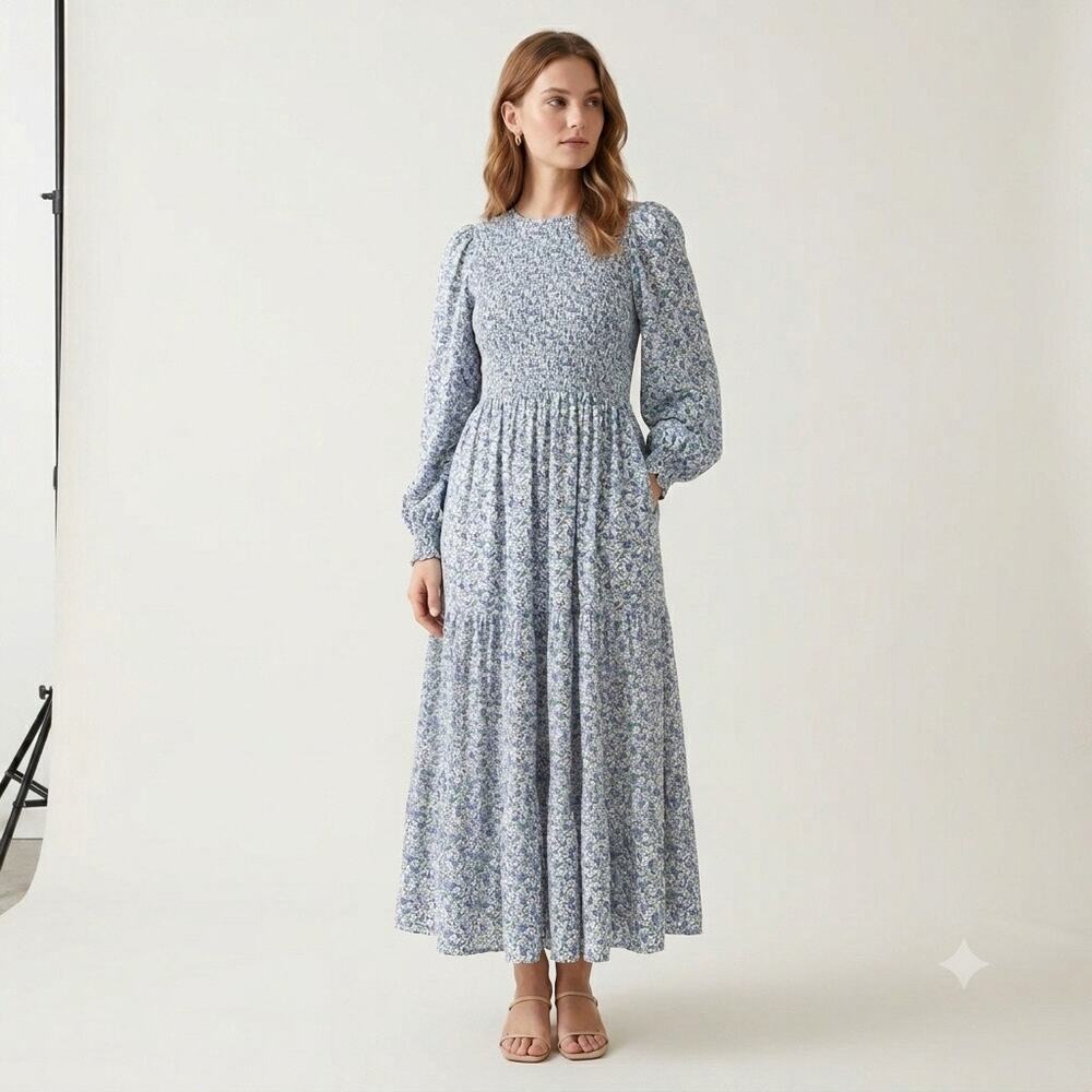 & Other Stories Paris Atelier Smocked Floral Rayon Midi Dress Blue Green Sz 2
